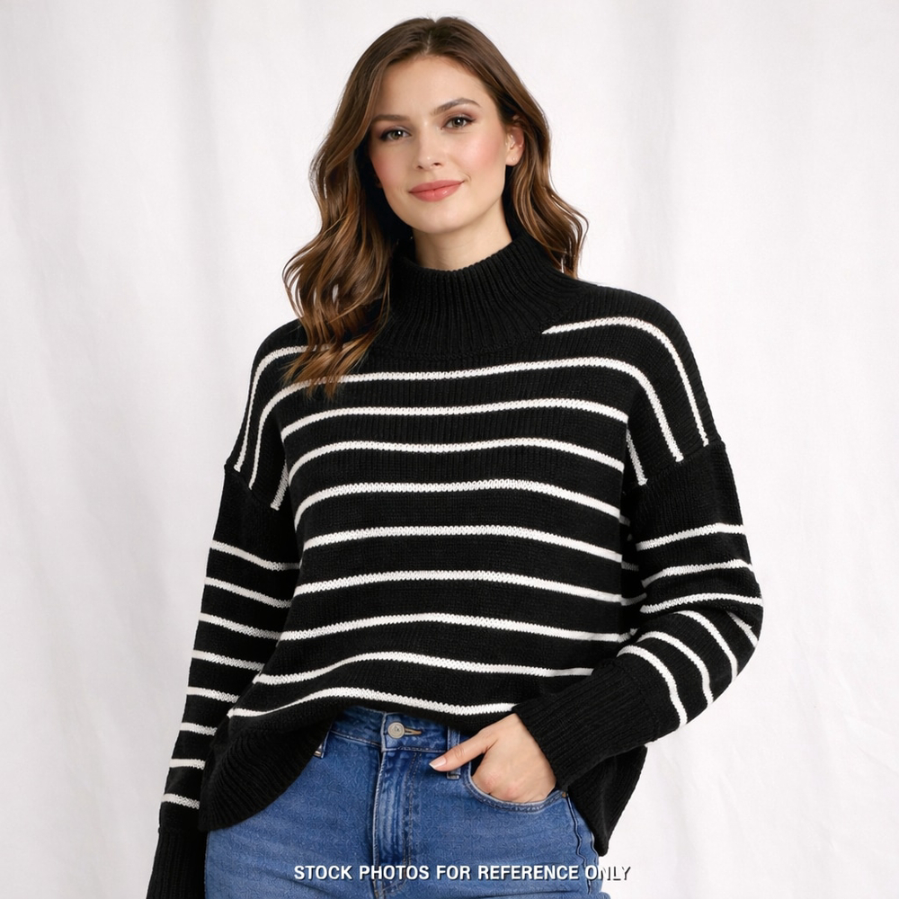 The Workshop Black White Striped Knit Sweater L Mock Neck Quiet Luxury Old Money